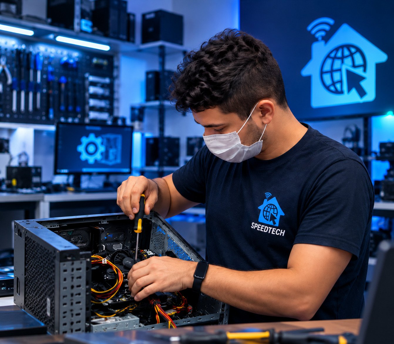 Técnico da SpeedTech TI realizando manutenção em computador