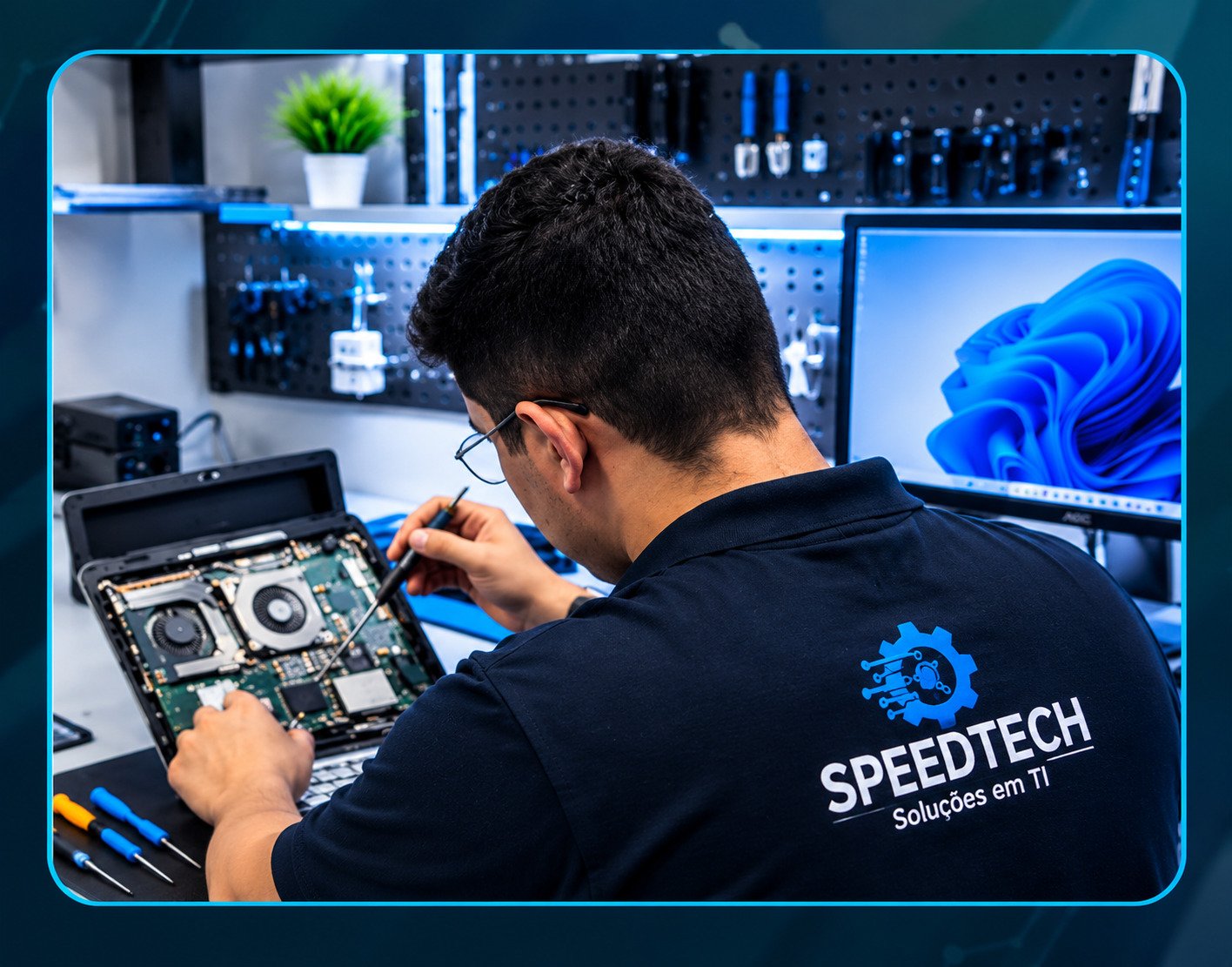 Equipe SpeedTech TI trabalhando com infraestrutura de rede